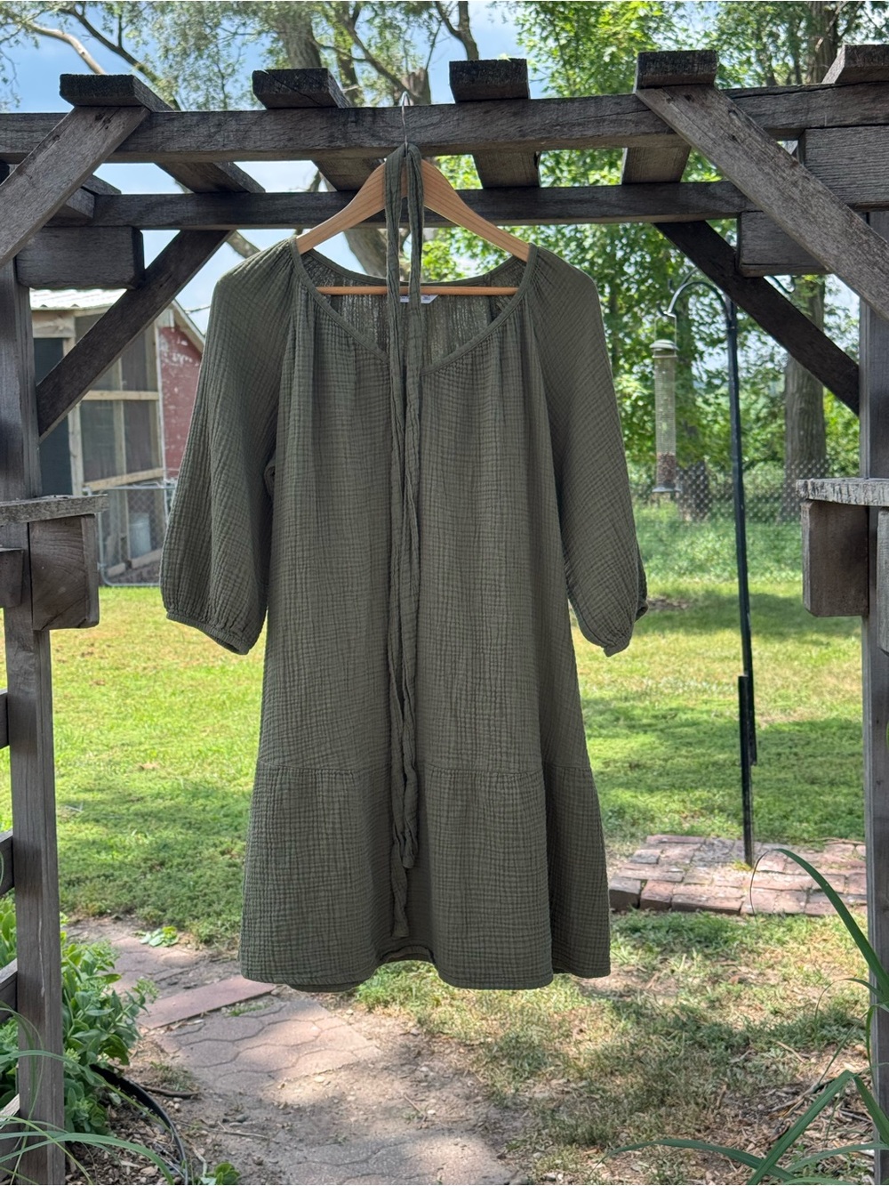 Sonoma 100% Cotton Double Gauze Olive Green Tie Waist Dress Medium